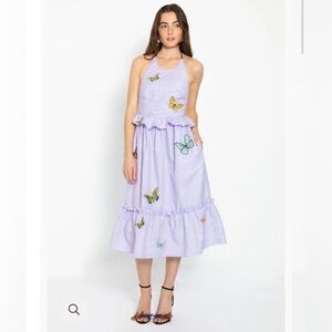 Fanm Mon Lavender Purple Butterfly Didem Midi Ruffle Halter Dress - Medium